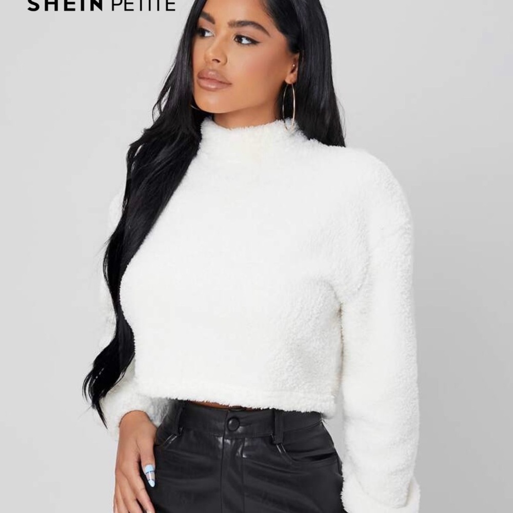 SHEIN Petite Cream Fuzzy Cropped Top